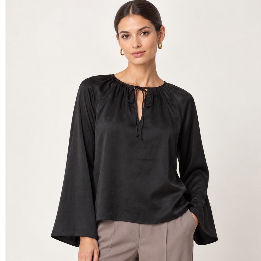 Jason Wu Black Satin Tie Neck Bell Sleeve Blouse Top Small